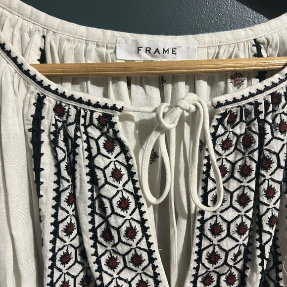 Frame Anita Embroidered Linen Peasant Top Oversized Tie Lace Long Sleeve S/p - Picture 7 of 10